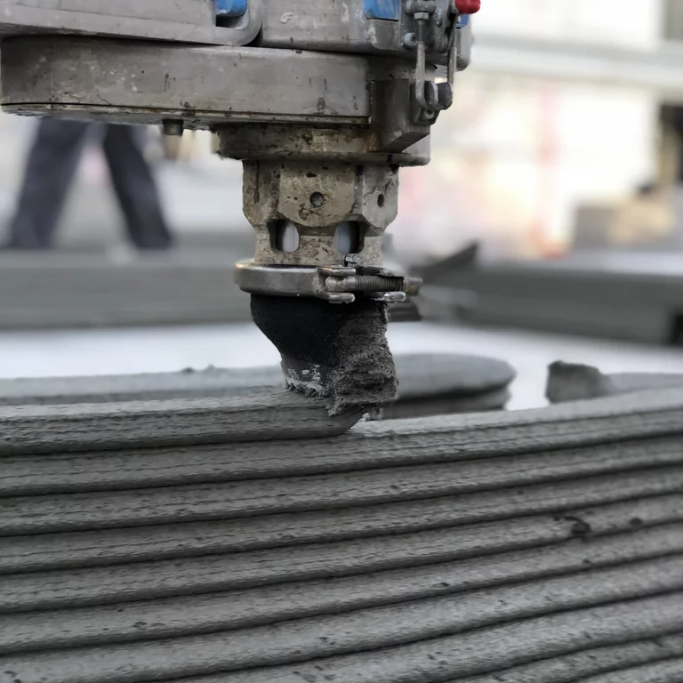 Нанесение бетонно-цементной смеси в 3D-принтере в Беккуме. Специальная бетонно-цементная смесь выходит из сопла слой за слоем.