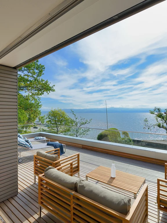 View of Lake Constance from the roof terrace of the show house "Haus am See". View of Lake Constance from the roof terrace of the show house "Haus am See".