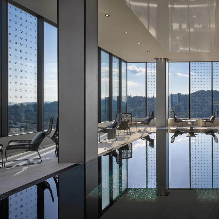 Бассейн, отель Intercontinental Ljubljana. Вид из бассейна отеля Intercontinental Ljubljana, самого высокого здания в городе.