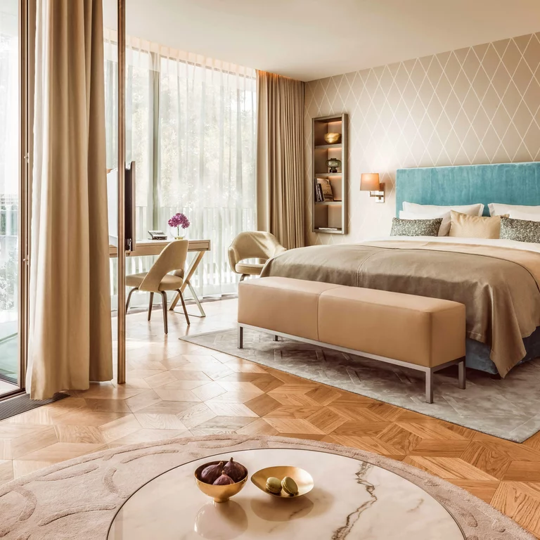 Bedroom at The Fontenay Hotel, Hamburg. The bedrooms at The Fontenay Hotel in Hamburg meet the demand for exclusivity and hand-picked design.
