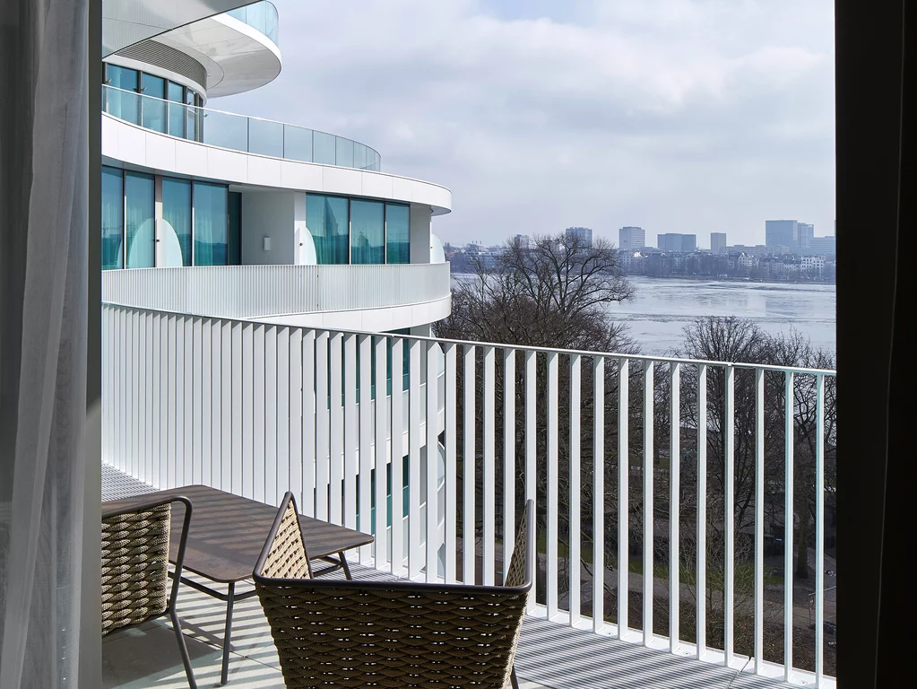 View of the Alster from the organically designed Hotel The Fontenay, Hamburg. The organically designed Hotel The Fontenay in Hamburg with a view of the Alster.