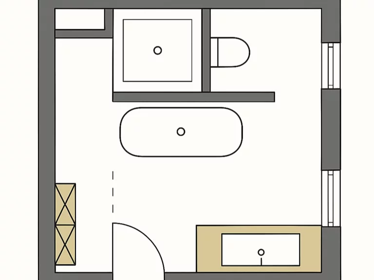 Plattegrond van badkamer met vrijstaand bad, douche, toilet en wastafel, met ramen aan de rechterwand.