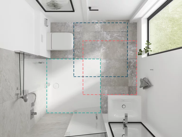 Kompaktes, modernes Bad mit bodengleicher Dusche, Waschbecken und WC, fotografiert aus der Vogelperspektive.