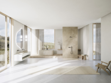 Spacious, light-filled bathroom with beige shower, oval freestanding bathtub, vanity, and expansive view.