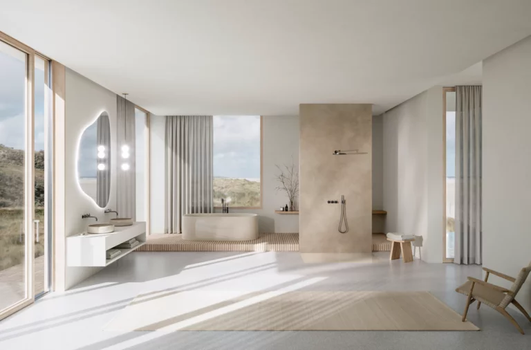 Ruime, lichte badkamer met beige douche, ovale vrijstaande badkuip, wastafel en weids uitzicht.