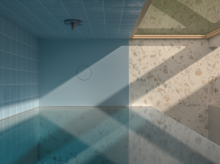 Large rectangular steel enamel basin with water, smooth edges, bright wall tiles, daylight falling in at an angle.