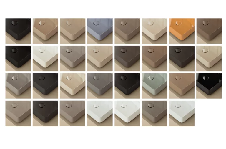 Grille de 31 variantes de couleur du lavabo BetteAlva, montrées en gros plan avec angle et cache-bonde.