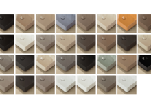 Grille de 31 variantes de couleur du lavabo BetteAlva, montrées en gros plan avec angle et cache-bonde.
