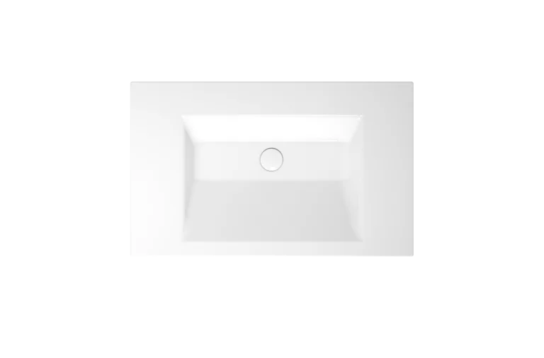 Раковина из стали-эмали, вид сверху, центральный слив, цвет белый, глянцевый, ясный нейтральный белый оттенок.