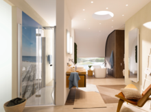 Modernes Badezimmer mit rechteckiger Stahl-Email-Duschwanne, ovaler Stahl-Email-Badewanne und Waschbecken auf Einbauplatte.