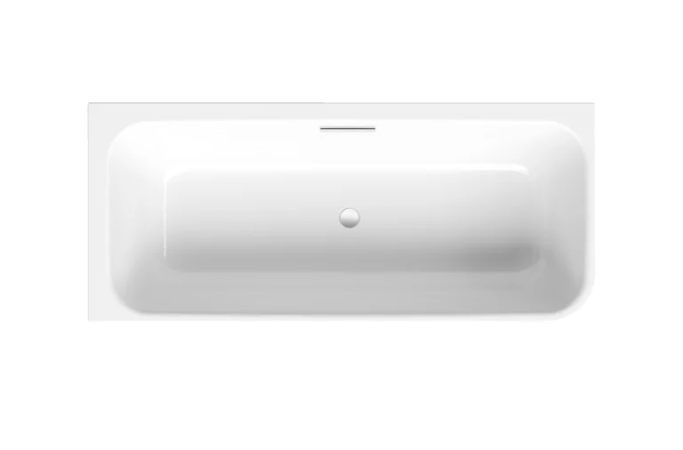 Vasca da bagno rettangolare in acciaio smaltato, bianco lucido, scarico centrale e angoli interni arrotondati, vista dall’alto.