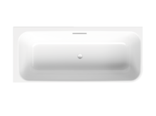 Vasca da bagno rettangolare in acciaio smaltato, bianco lucido, scarico centrale e angoli interni arrotondati, vista dall’alto.