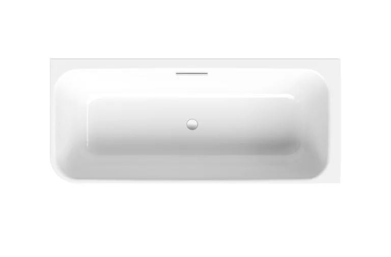 Rechteckige Badewanne aus weißem Stahl-Email, von oben gesehen, mit zentralem Ablauf und abgerundeten Ecken.