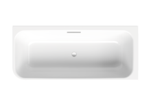 Rectangular bathtub made of white steel enamel, top view, with central drain and rounded corners.