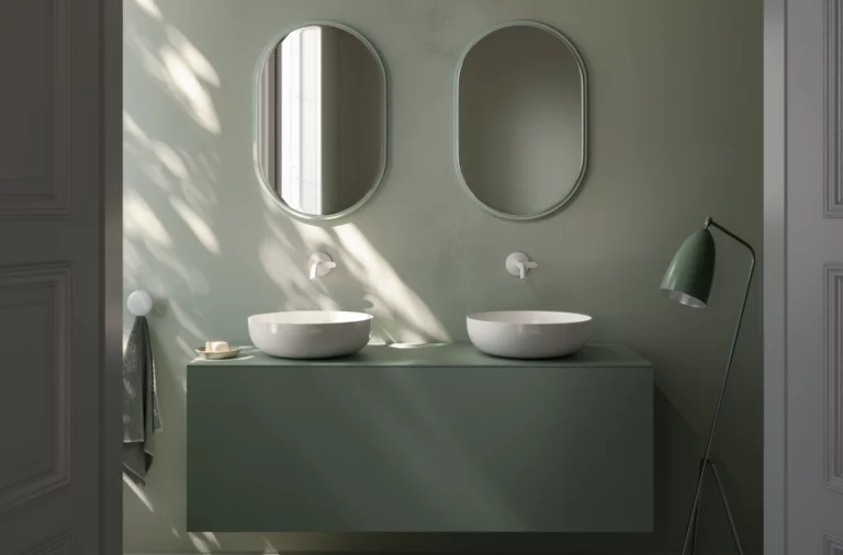 Zwei runde Waschbecken auf grüner Einbauplatte, zwei Spiegel, Stehlampe, modernes Bad mit geometrischem Fliesenboden.
