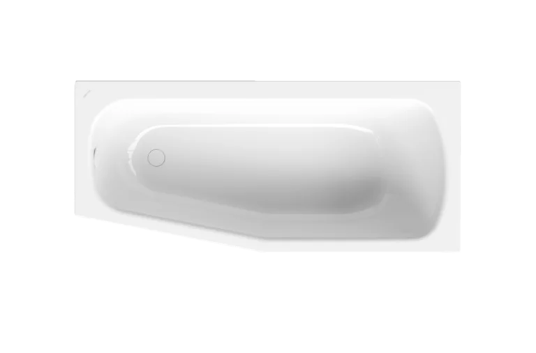 Badewanne, Draufsicht, Ablauf am Fußende links, Rückenschräge rechts, Farbe weiß, glänzend und neutral.