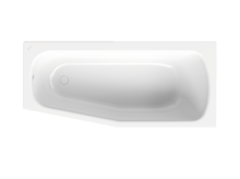 Badewanne, Draufsicht, Ablauf am Fußende links, Rückenschräge rechts, Farbe weiß, glänzend und neutral.