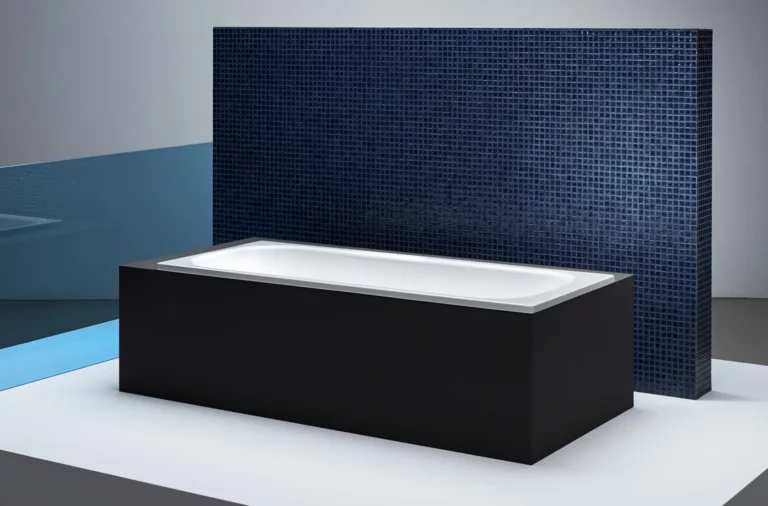 Vasca da bagno rettangolare in acciaio smaltato con bordi dritti, davanti a parete a mosaico blu e separé in vetro.