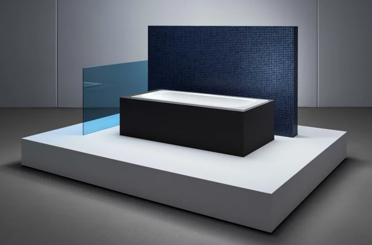 Vasca da bagno rettangolare in acciaio smaltato con rivestimento nero, su podio rialzato, davanti a parete blu e separé in vetro.