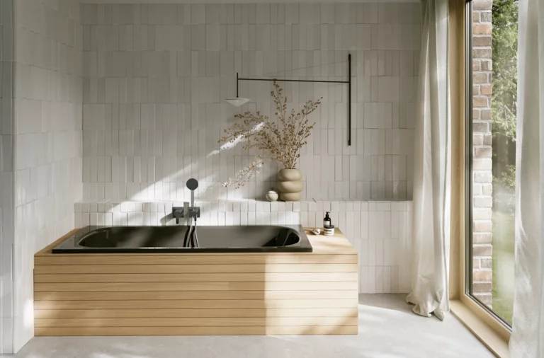 Helles Bad mit rechteckiger Badewanne mit dunkler Innenfläche, beiger Umrandung, bodentiefem Fenster und Vorhang.