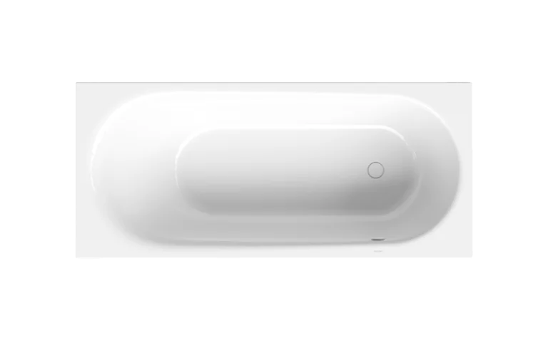 Baignoire, vue de dessus, évacuation à droite, pente arrière à gauche, couleur blanc, ton blanc brillant frais