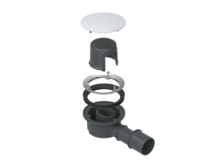 Vista esplosa del set di scarico BetteCompact+ con coperchio, sifone, guarnizioni e corpo di scarico.