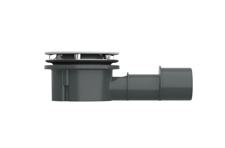 Vista laterale dello scarico BetteCompact+ con copertura piatta e uscita orizzontale.