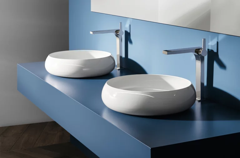 Zwei runde, weiße Waschbecken auf blauer Einbauplatte, jeweils mit modernem Wasserhahn, vor blauer Wand.