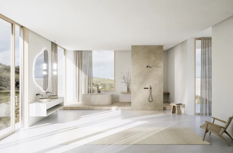 Ruime, lichte badkamer met beige douche, ovale vrijstaande badkuip, wastafel en weids uitzicht.