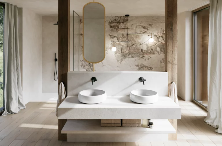 Modernes Badezimmer mit zwei weißen Waschtischen, schwarzen Wandarmaturen, ovalem Spiegel und markanter Wand in Natursteinoptik.