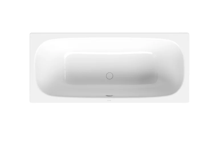 Badewanne aus Stahl-Email, Draufsicht, mittiger Ablauf, zwei symmetrische Rückenschrägen, Farbe Weiß, glänzend und neutral.