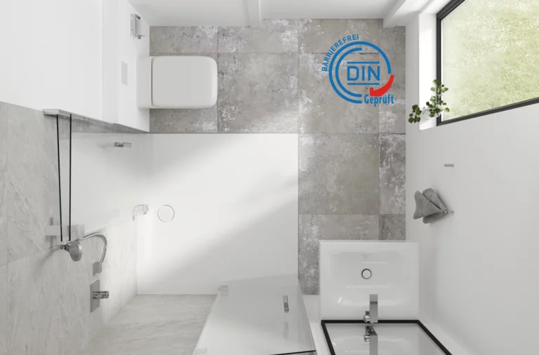 Modernes, barrierefreies Bad mit bodengleicher Dusche, Waschtisch, WC und großem Fenster, DIN-geprüft.