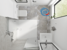 Modernes, barrierefreies Bad mit bodengleicher Dusche, Waschtisch, WC und großem Fenster, DIN-geprüft.