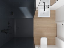 Quadratisches Stahl-Email-Waschbecken auf Einbauplatte, daneben WC, barrierefreie Dusche mit dunklen Fliesen und bodengleicher Fläche.