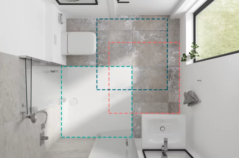 Modernes Bad mit quadratischer Stahl-Email-Duschwanne, zwei rechteckigen Waschbecken auf Einbauplatte und wandhängender Toilette.