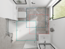 Modernes Bad mit quadratischer Stahl-Email-Duschwanne, zwei rechteckigen Waschbecken auf Einbauplatte und wandhängender Toilette.