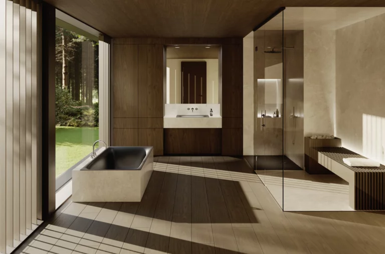 Современная ванная с чёрной встроенной ванной, душевым поддоном и стеклянной перегородкой, с видом на зелень.