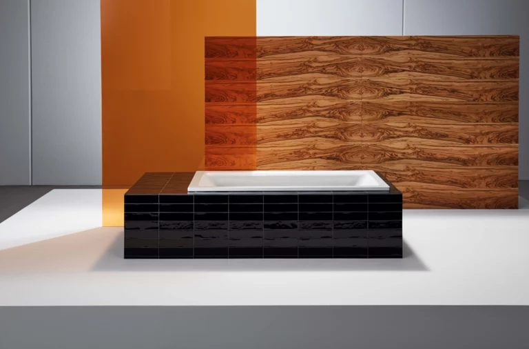 Rechteckige Badewanne aus Stahl-Email, eingefasst in schwarze Fliesen, vor Wand mit Holzoptik und orangefarbenem Glaspanel.