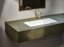 Rechteckiges Stahl-Email-Waschbecken auf grüner Einbauplatte, goldene Armatur, Spiegel im Hintergrund, moderner Look.
