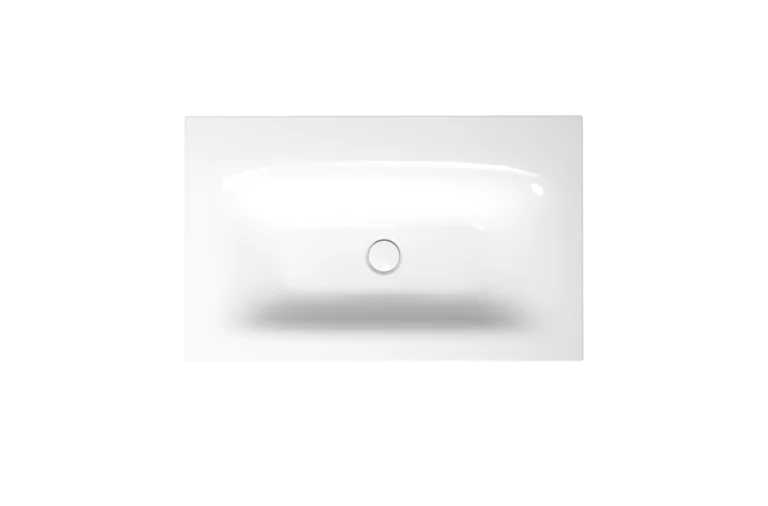 Раковина, вид сверху, центральный слив, без наклона назад, цвет белый, глянцевый и прозрачный, холодный оттенок