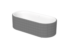 Bathtub, angled top view, drain in the middle along the length, back slope on the left, color F, outside gray mottled, inside white.