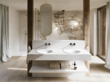 Bright bathroom with two white washbasins, wall-mounted taps, a large mirror and floor-to-ceiling windows with curtains.