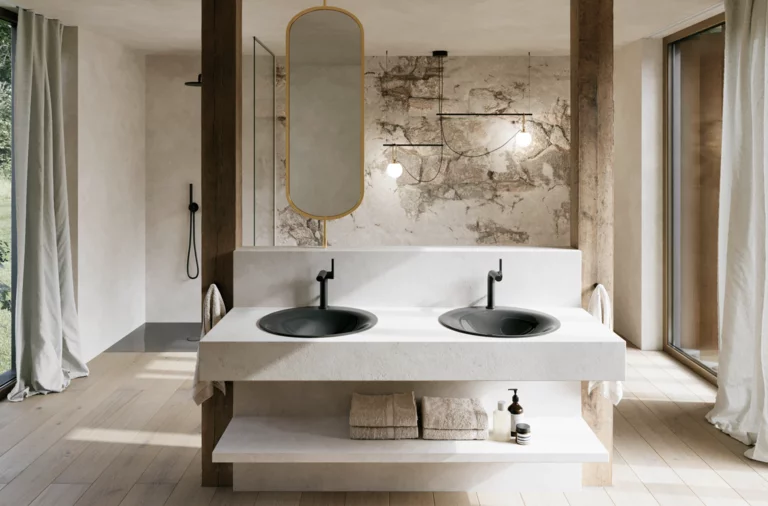 Bright bathroom with two dark grey washbasins, black wall-mounted taps, a large mirror and floor-to-ceiling windows.