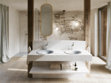 Bright bathroom with two light grey washbasins, silver-coloured taps, a large mirror and floor-to-ceiling windows.