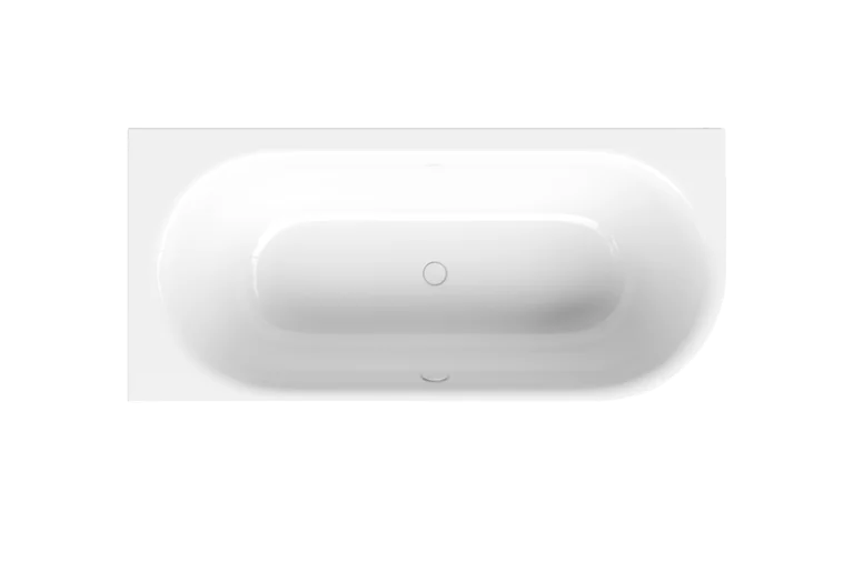 Rechteckige Badewanne aus Stahl-Email mit abgerundetem Innenteil, Ansicht von oben, weiß.