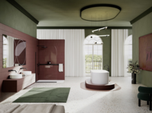 宽敞浴室设圆形独立浴缸、酒红色瓷砖、绿色天花与水磨石地面。