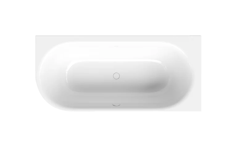 Rectangular steel enamel bathtub with oval interior shape, top view, glossy white.
