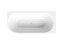 Rectangular steel enamel bathtub with oval interior shape, top view, glossy white.