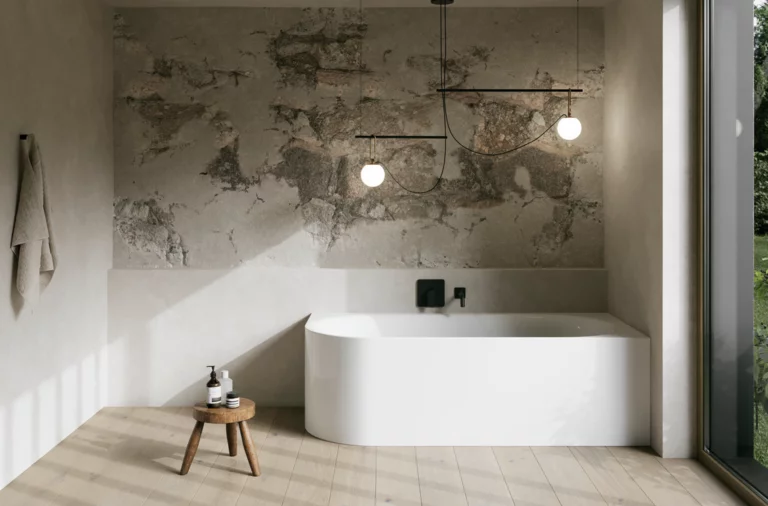 Modernes Bad mit weißer freistehender Badewanne, Natursteinwand, Hocker und großen Fenstern.