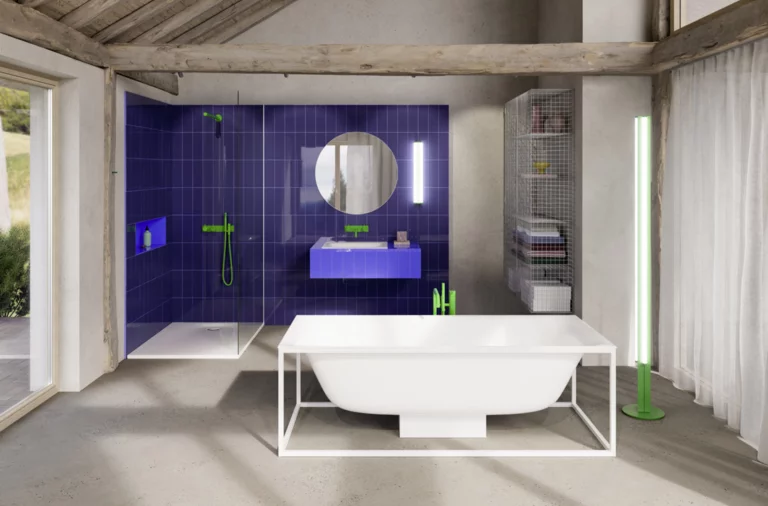 Modern bathroom with freestanding tub, violet-tiled shower and sink area, and green fittings in a rustic space.